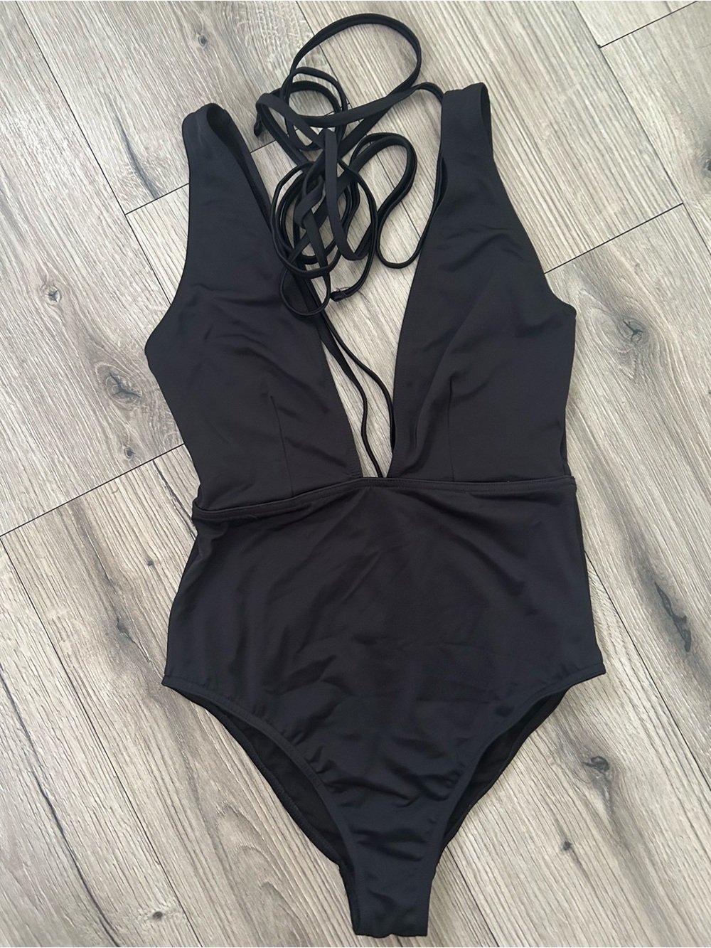 ASOS Black Deep V One-Piece Swimsuit